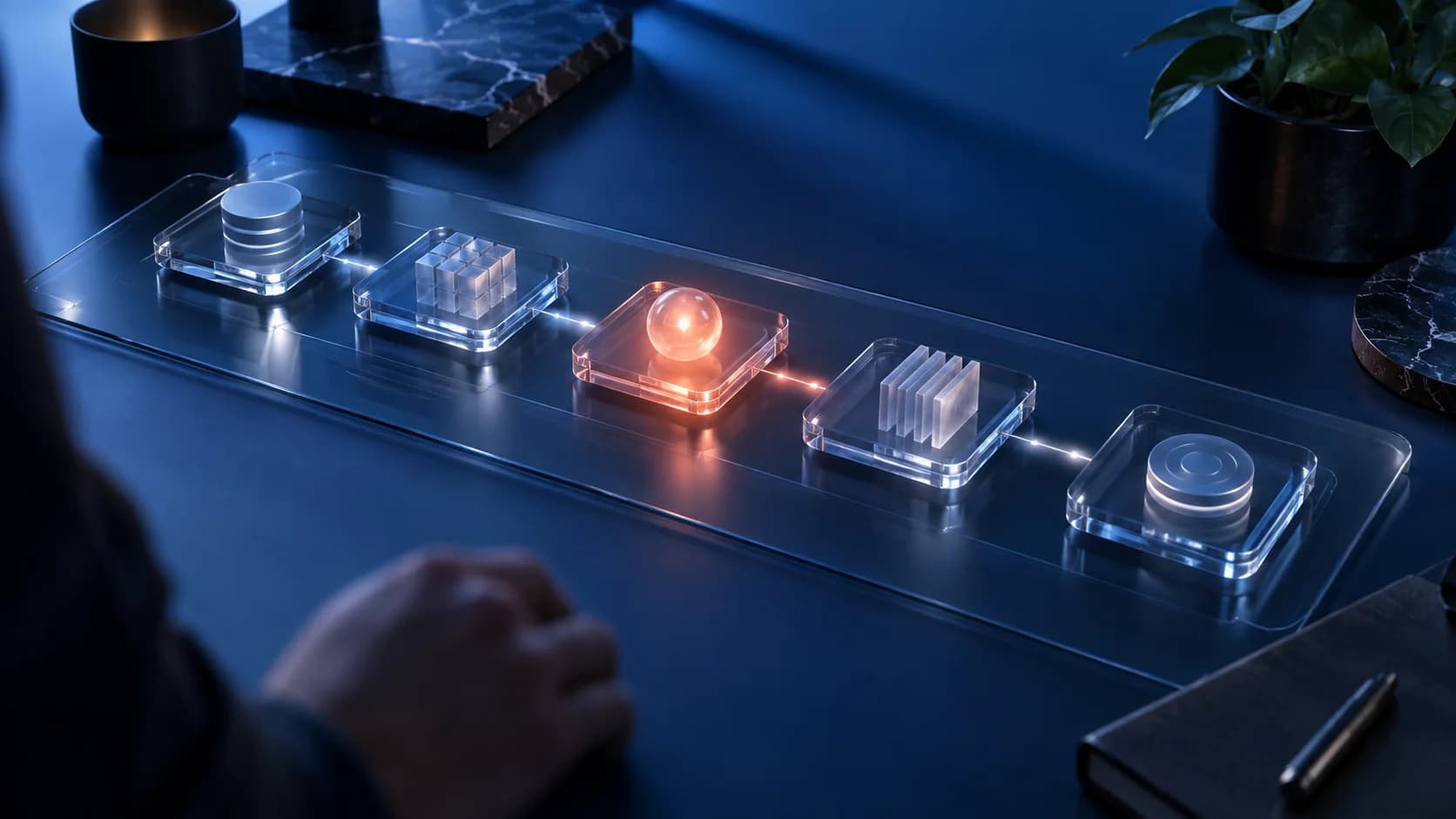 A modular glass workflow representing an AI SDR being built step by step