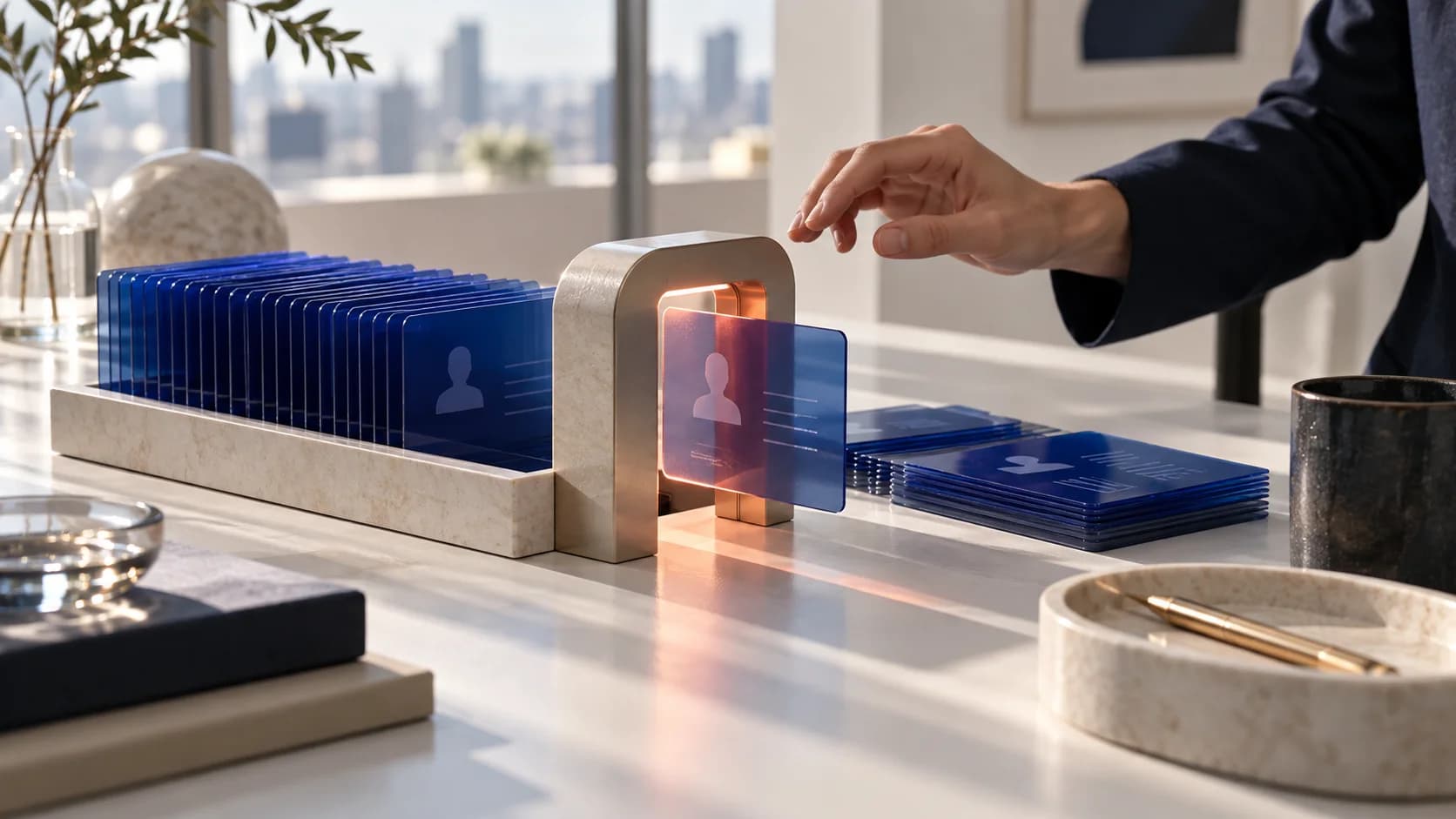 Cobalt review cards passing through an illuminated approval gate