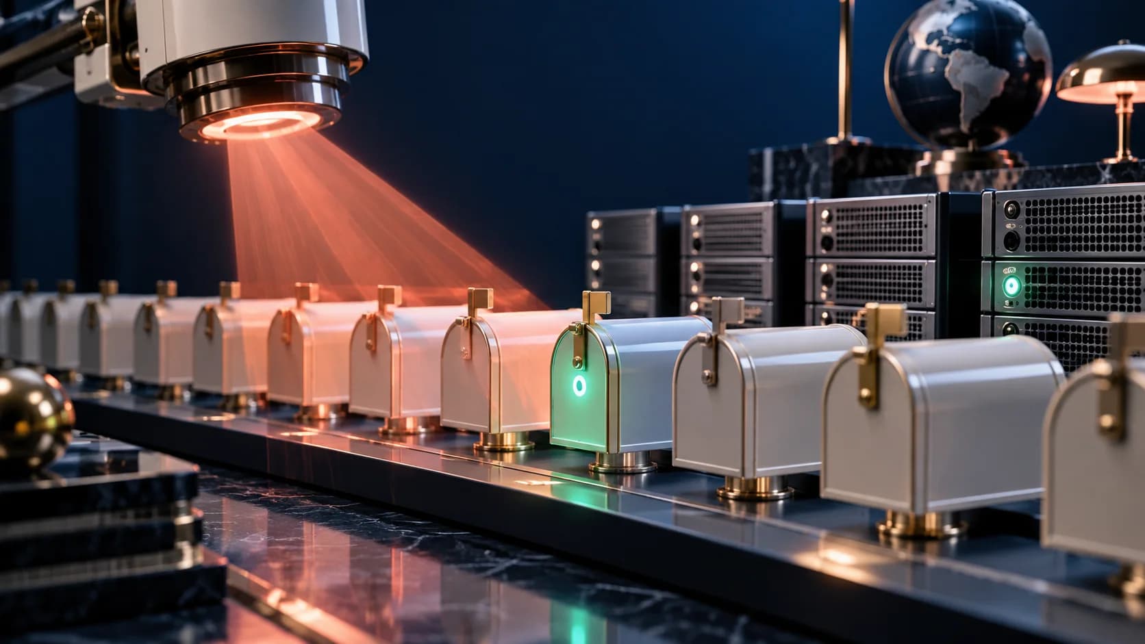 A diagnostic light inspecting a row of mailboxes and servers