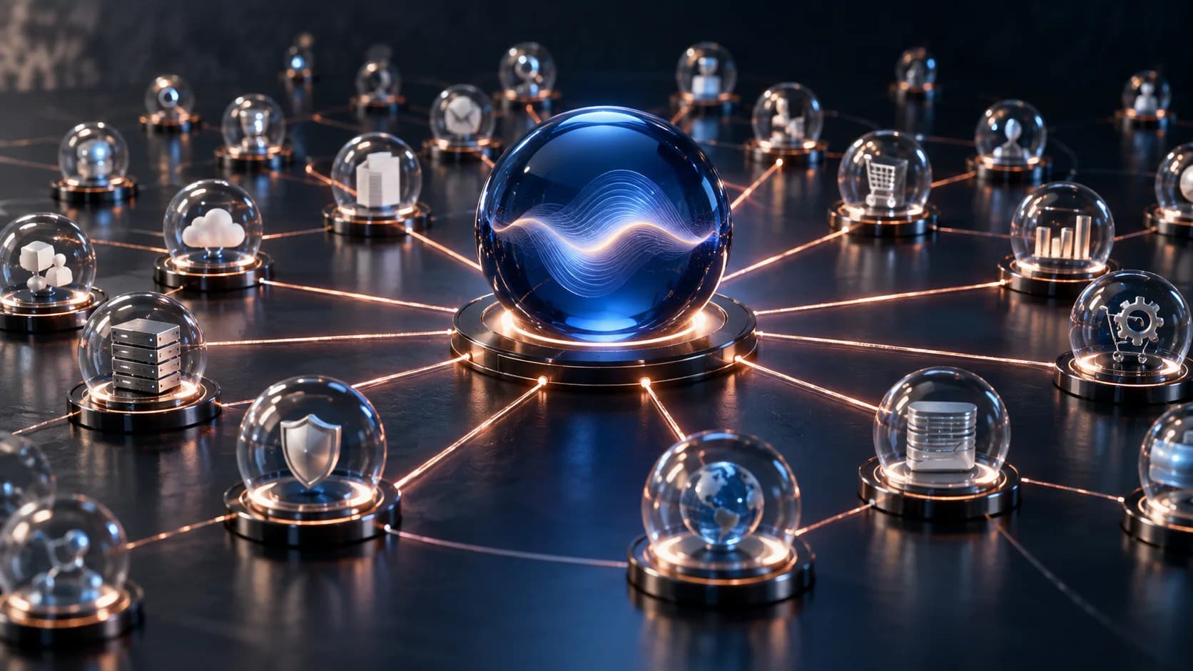 A central conversational command orb connected to a network of GTM tools