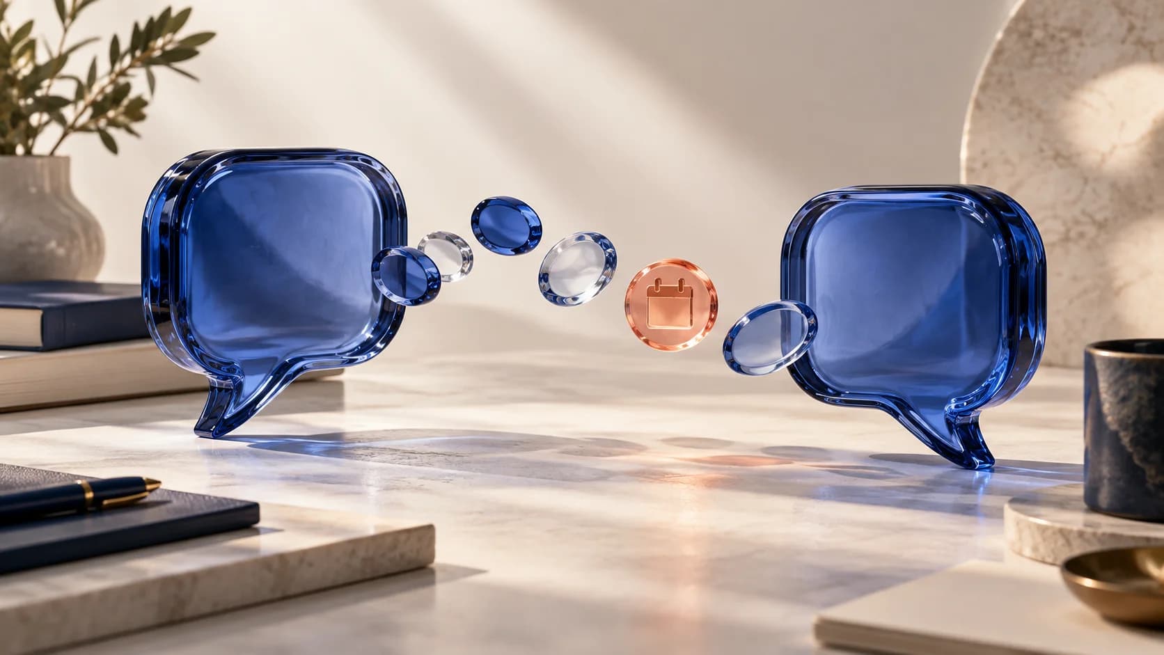 Two cobalt conversation forms exchanging a coral calendar token