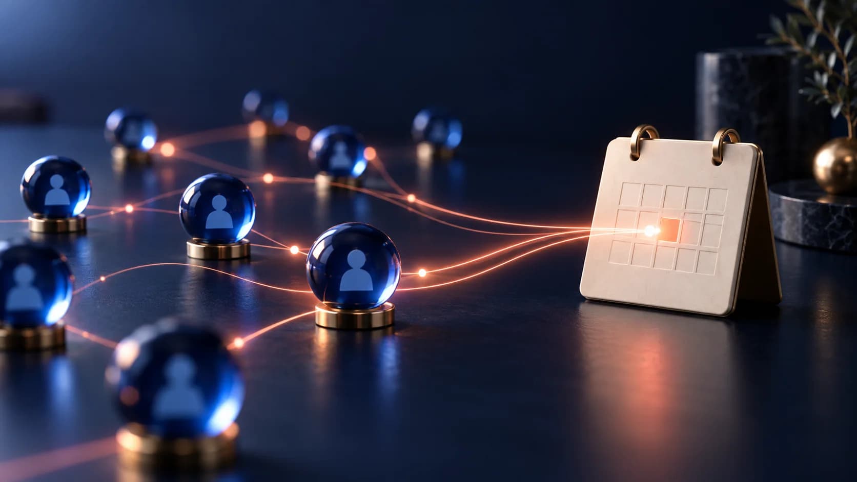 A coral signal flowing through account nodes into a calendar